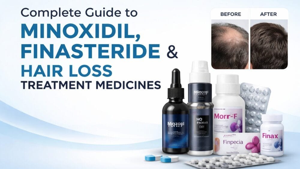 Complete guide banner showing Minoxidil solutions, Finasteride tablets, and hair loss treatment medicines for hair regrowth and hair fall control