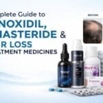 Complete guide banner showing Minoxidil solutions, Finasteride tablets, and hair loss treatment medicines for hair regrowth and hair fall control