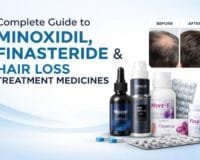 Complete guide banner showing Minoxidil solutions, Finasteride tablets, and hair loss treatment medicines for hair regrowth and hair fall control
