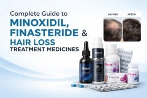 Complete guide banner showing Minoxidil solutions, Finasteride tablets, and hair loss treatment medicines for hair regrowth and hair fall control