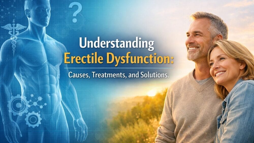 Understanding Erectile Dysfunction banner showing a medical anatomical illustration alongside a hopeful middle-aged couple, representing causes, treatments, and solutions.