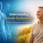 Understanding Erectile Dysfunction banner showing a medical anatomical illustration alongside a hopeful middle-aged couple, representing causes, treatments, and solutions.