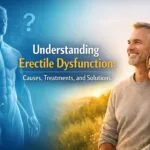 Understanding Erectile Dysfunction banner showing a medical anatomical illustration alongside a hopeful middle-aged couple, representing causes, treatments, and solutions.
