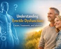 Understanding Erectile Dysfunction banner showing a medical anatomical illustration alongside a hopeful middle-aged couple, representing causes, treatments, and solutions.