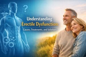 Understanding Erectile Dysfunction banner showing a medical anatomical illustration alongside a hopeful middle-aged couple, representing causes, treatments, and solutions.